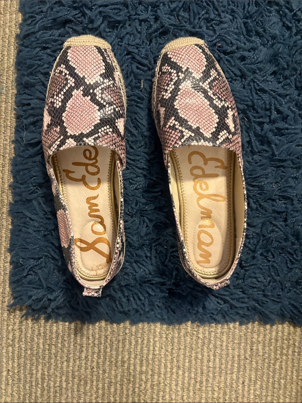 Sam Edelman Pink and Black Snake-Print Espadrille Flats